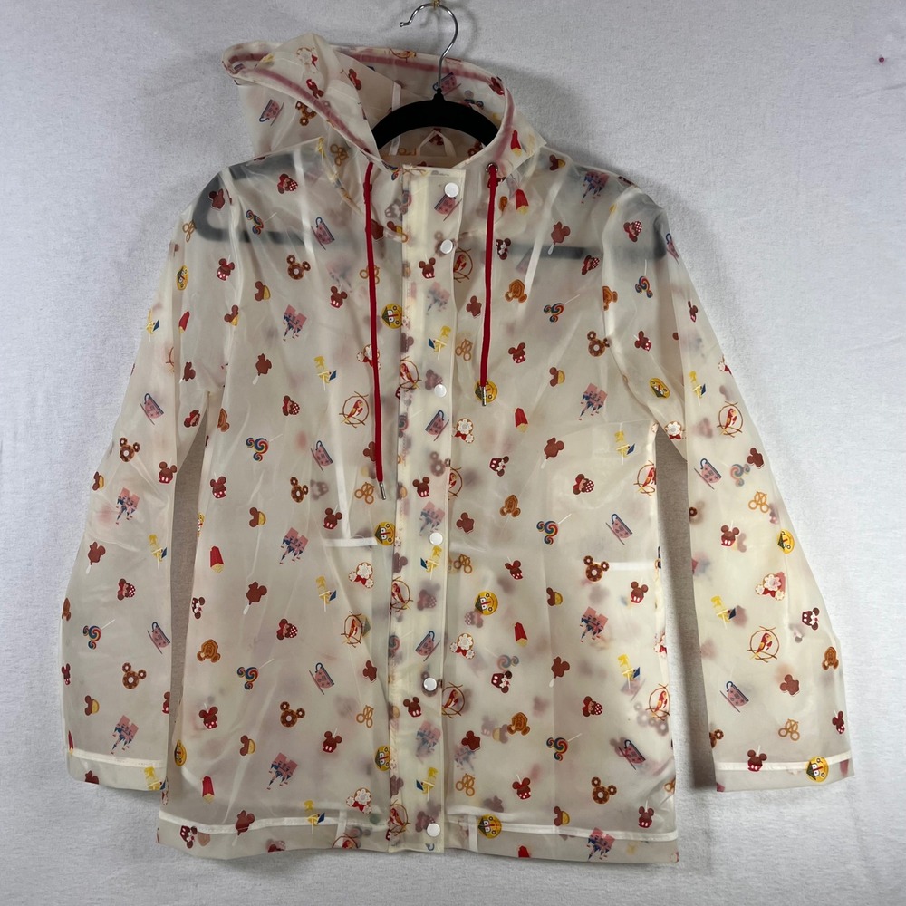 Disney Parks Rain Jacket XS Mickey Snacks Castle Hooded Clear PVC Raincoat